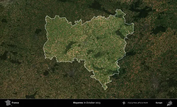 Mayenne. Fransa 'nın idari alanı, Ekim 2023' te çekilen Kopernik Nöbetçi karolarından oluşan koyu renkli bir uydu görüntüsü üzerinde vurgulandı ve özetlendi.