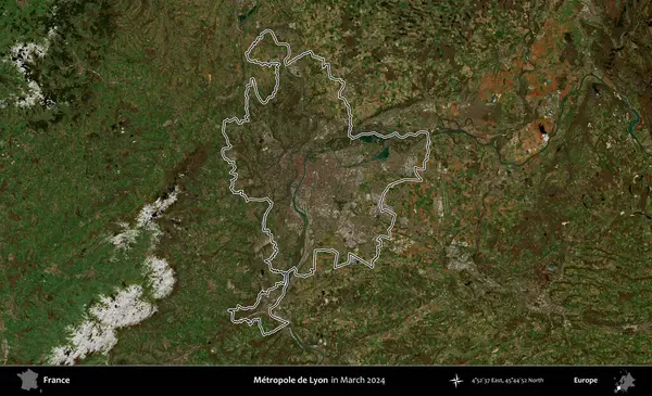 Metropole de Lyon 'da. Mart 2024 'te çekilen Copernicus Sentinel karolarından oluşan bir uydu görüntüsünde Fransa' nın idari bölgesinin ana hatlarını çizdim.