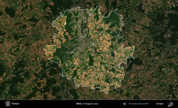 Metz. Fransa 'nın idari alanı, Ağustos 2024' te çekilen Kopernik Sentinel karolarından oluşan koyu renkli bir uydu görüntüsü üzerinde vurgulandı ve özetlendi.