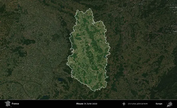 Meuse. Fransa 'nın idari alanı, Haziran 2020' de çekilen Kopernik Nöbetçi karolarından oluşan koyu renkli bir uydu görüntüsüyle vurgulandı ve özetlendi.