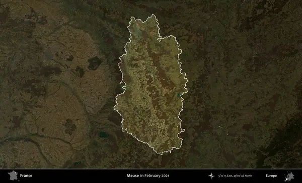 Meuse. Fransa 'nın idari alanı, Şubat 2021' de çekilen Kopernik Sentinel karolarından oluşan koyu renkli bir uydu görüntüsü üzerinde vurgulandı ve özetlendi.
