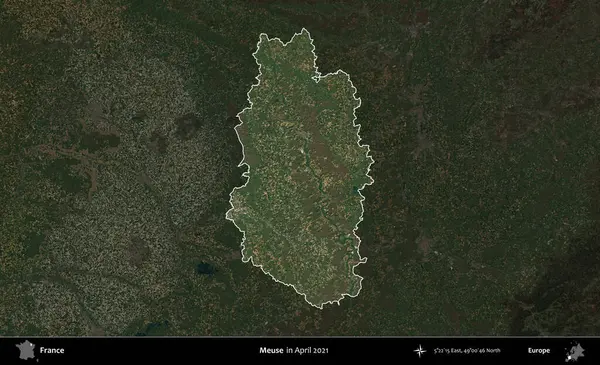 Meuse. Fransa 'nın idari alanı, Nisan 2021' de çekilen Kopernik Sentinel karolarından oluşan koyu renkli bir uydu görüntüsü üzerinde vurgulandı ve özetlendi.