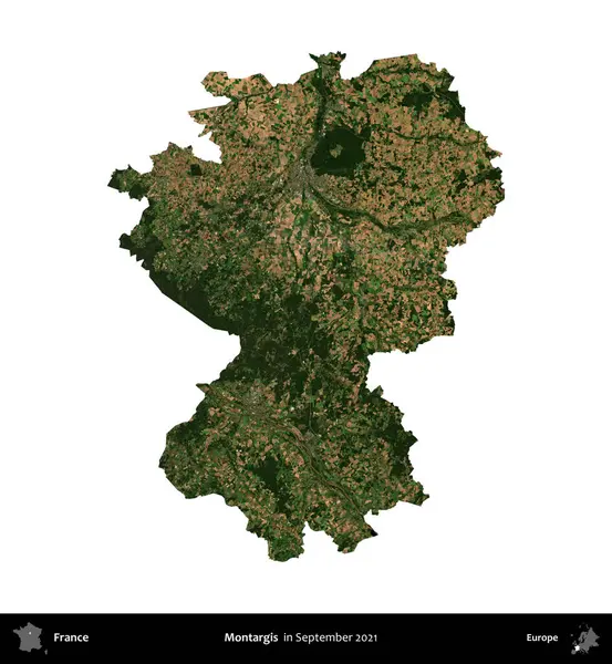 Montargis. Fransa 'nın idari bölgesi, Eylül 2021' de çekilen Kopernik Nöbetçi karolarından oluşan bir uydu görüntüsü üzerinde beyaza izole edildi.
