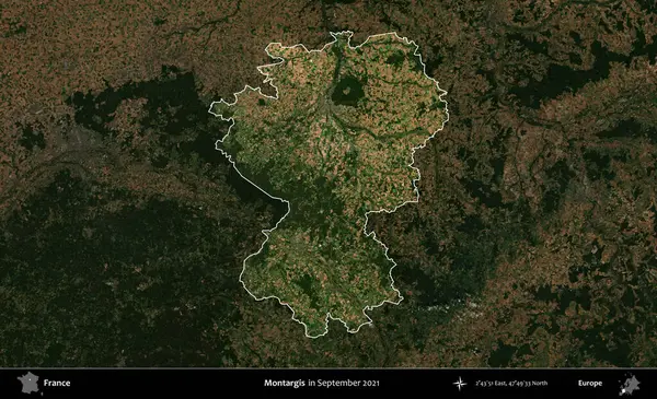 Montargis. Fransa 'nın idari alanı, Eylül 2021' de çekilen Kopernik Sentinel karolarından oluşan koyu renkli bir uydu görüntüsü üzerinde vurgulandı ve özetlendi.