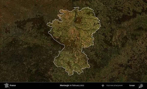 Montargis. Fransa 'nın idari alanı, Şubat 2022' de çekilen Kopernik Sentinel karolarından oluşan koyu renkli bir uydu görüntüsü üzerinde vurgulandı ve özetlendi.