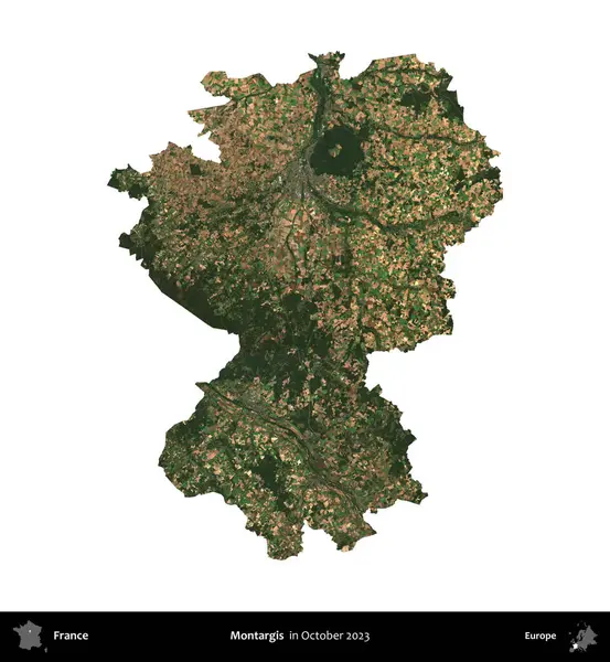 Montargis. Fransa 'nın idari bölgesi, Ekim 2023' te çekilen Kopernik Nöbetçi karolarından oluşan bir uydu görüntüsüyle beyaza izole edildi.