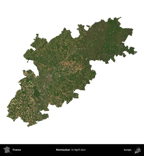 Montauban. Fransa 'nın idari bölgesi, Nisan 2021' de çekilen Kopernik Nöbetçi karolarından oluşan bir uydu görüntüsü ile beyaza izole edildi.