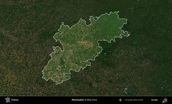 Montauban. Fransa 'nın idari alanı, Mayıs 2024' te çekilen Kopernik Nöbetçi karolarından oluşan koyu renkli bir uydu görüntüsü üzerinde vurgulandı ve özetlendi.