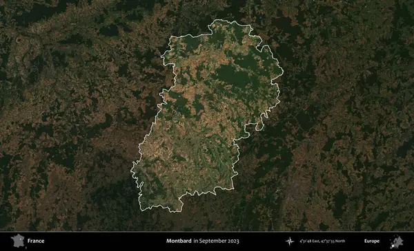 Montbard 'da. Fransa 'nın idari alanı, Eylül 2023' te çekilen Kopernik Nöbetçi karolarından oluşan koyu renkli bir uydu görüntüsü üzerinde vurgulandı ve özetlendi.