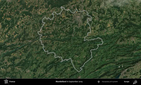 Montbeliard 'da. Eylül 2019 'da çekilen Copernicus Sentinel karolarından oluşan bir uydu görüntüsünde Fransa' nın idari bölgesinin ana hatlarını çizdim.