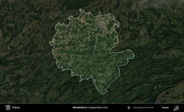 Montbeliard 'da. Fransa 'nın idari alanı, Eylül 2019' da çekilen Kopernik Nöbetçi karolarından oluşan koyu renkli bir uydu görüntüsü üzerinde vurgulandı ve özetlendi.