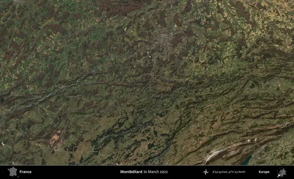 Montbeliard 'da. Copernicus Sentinel 'in Mart 2022' de çekilmiş uydu görüntüsü üzerine Fransa 'nın idari bölgesi.