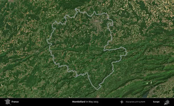 Montbeliard 'da. Mayıs 2023 'te çekilen Copernicus Sentinel karolarından oluşan bir uydu görüntüsünde Fransa' nın idari bölgesinin ana hatları belirlendi.