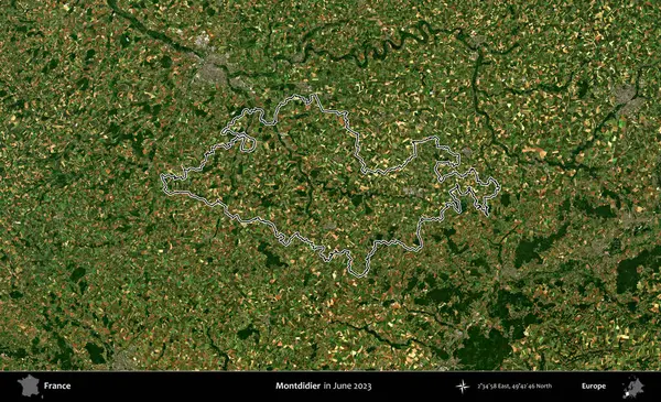 Montdidier. Haziran 2023 'te çekilen Copernicus Sentinel karolarından oluşan bir uydu görüntüsünde Fransa' nın idari bölgesinin ana hatları belirlendi.