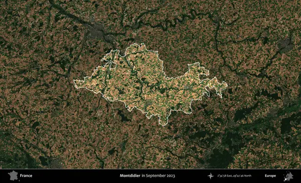 Montdidier. Fransa 'nın idari alanı, Eylül 2023' te çekilen Kopernik Nöbetçi karolarından oluşan koyu renkli bir uydu görüntüsü üzerinde vurgulandı ve özetlendi.