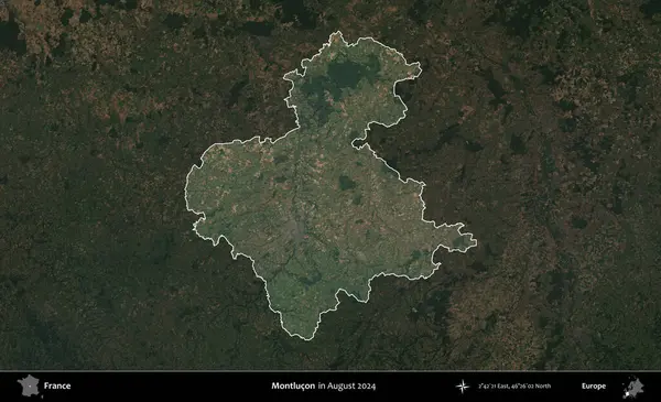 Montlucon 'da. Fransa 'nın idari alanı, Ağustos 2024' te çekilen Kopernik Sentinel karolarından oluşan koyu renkli bir uydu görüntüsü üzerinde vurgulandı ve özetlendi.