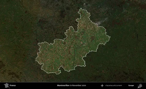 Montmorillon 'da. Fransa 'nın idari alanı, Kopernik Sentinel' in Kasım 2020 'de çekilmiş koyu renkli bir uydu görüntüsüyle vurgulandı ve özetlendi.