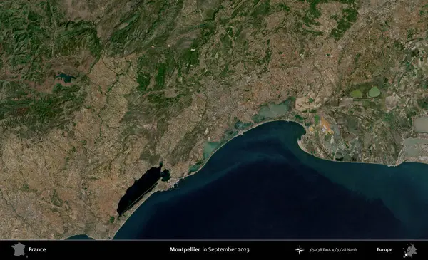 Montpellier 'de. Copernicus Sentinel 'in Eylül 2023' te çekilmiş uydu görüntüsü üzerine Fransa 'nın idari bölgesi.