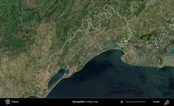 Montpellier 'de. Mayıs 2024 'te çekilen Copernicus Sentinel karolarından oluşan bir uydu görüntüsünde Fransa' nın idari bölgesinin ana hatlarını çizdim.