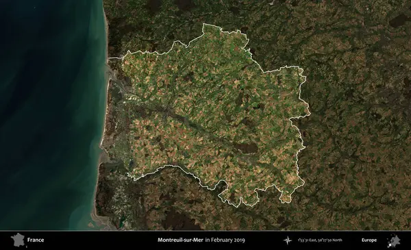 Montreuil-sur-Mer. Fransa 'nın idari alanı, Şubat 2019' da çekilen Kopernik Sentinel karolarından oluşan koyu renkli bir uydu görüntüsü üzerinde vurgulandı ve özetlendi.