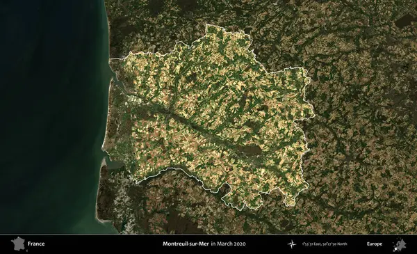 Montreuil-sur-Mer. Fransa 'nın idari alanı, Mart 2020' de çekilen Kopernik Nöbetçi karolarından oluşan koyu renkli bir uydu görüntüsü üzerinde vurgulandı ve özetlendi.