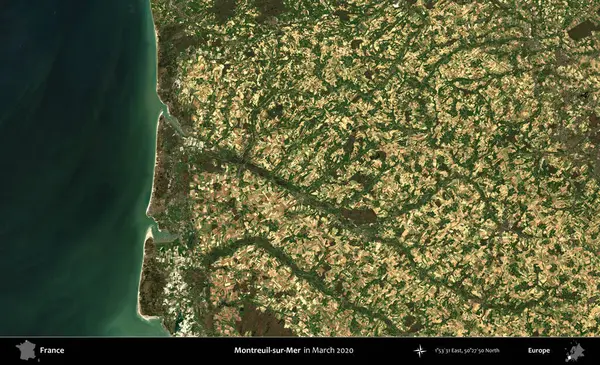 Montreuil-sur-Mer. Copernicus Sentinel 'in Mart 2020' de çekilmiş uydu görüntüsü üzerine Fransa 'nın idari bölgesi.