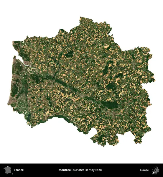 Montreuil-sur-Mer. Fransa 'nın idari bölgesi, Mayıs 2020' de çekilen Kopernik Nöbetçi karolarından oluşan bir uydu görüntüsüyle beyaza izole edildi.