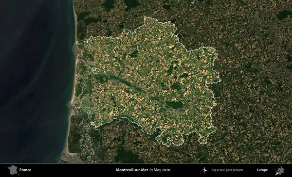 Montreuil-sur-Mer. Fransa 'nın idari alanı, Mayıs 2020' de çekilen Kopernik Nöbetçi karolarından oluşan koyu renkli bir uydu görüntüsü üzerinde vurgulandı ve özetlendi.