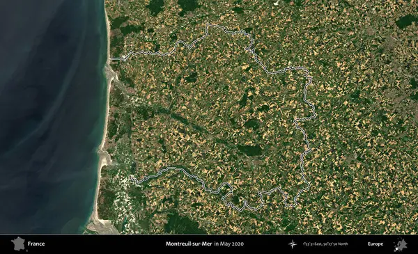 Montreuil-sur-Mer. Mayıs 2020 'de çekilen Copernicus Sentinel karolarından oluşan bir uydu görüntüsünde Fransa' nın idari bölgesinin ana hatları belirlendi.