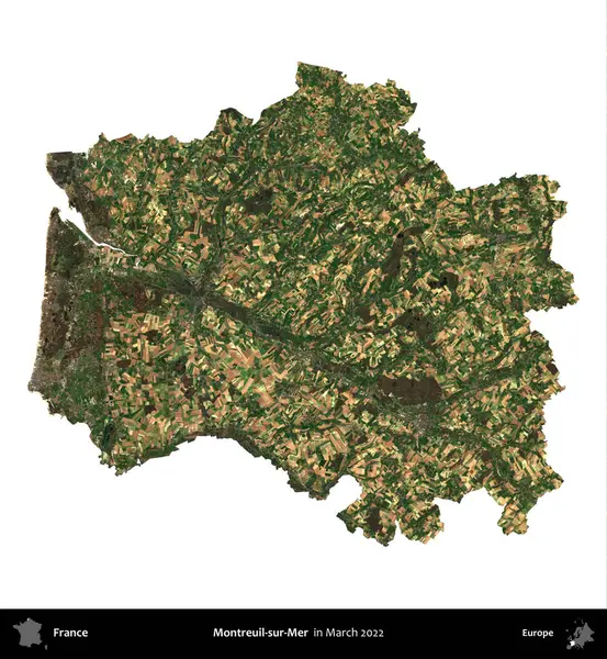 Montreuil-sur-Mer. Fransa 'nın idari bölgesi, Mart 2022' de çekilen Kopernik Nöbetçi karolarından oluşan bir uydu görüntüsüyle beyaza izole edildi.