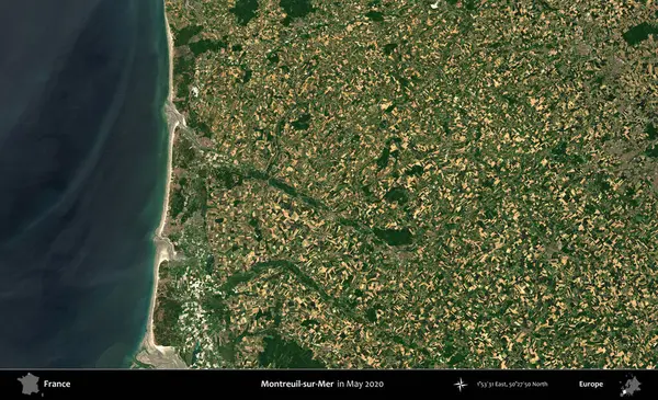 Montreuil-sur-Mer. Mayıs 2020 'de Copernicus Sentinel karolarından oluşan bir uydu görüntüsü üzerine Fransa' nın idari bölgesi