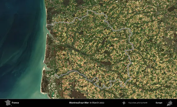 Montreuil-sur-Mer. Mart 2022 'de çekilen Copernicus Sentinel karolarından oluşan bir uydu görüntüsünde Fransa' nın idari bölgesinin ana hatları belirlendi.