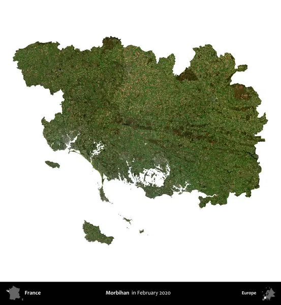 Morbihan. Fransa 'nın idari bölgesi, Şubat 2020' de çekilen Kopernik Nöbetçi karolarından oluşan bir uydu görüntüsüyle beyaza izole edildi.