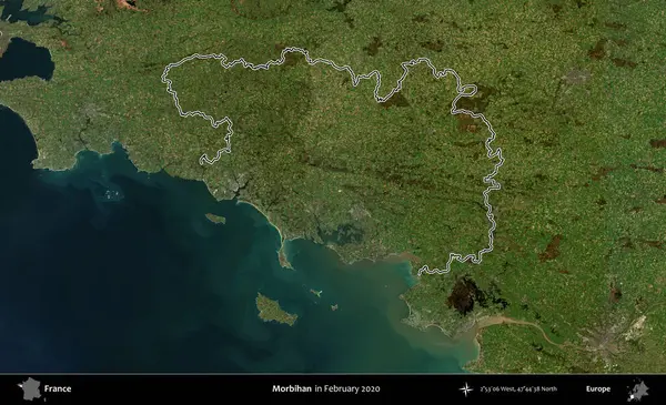Morbihan. Copernicus Sentinel 'in Şubat 2020' de çekilen uydu görüntüsünde Fransa 'nın idari bölgesinin ana hatları belirlendi.