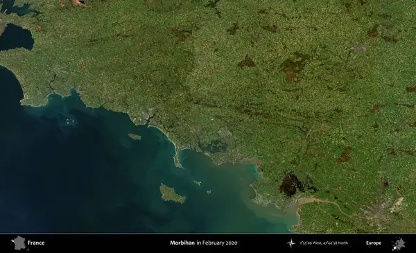 Morbihan. Copernicus Sentinel 'in Şubat 2020' de çekilmiş uydu görüntüsü üzerine Fransa 'nın idari bölgesi.