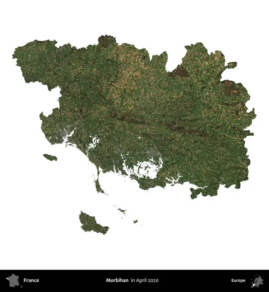 Morbihan. Fransa 'nın idari bölgesi, Nisan 2020' de çekilen Kopernik Nöbetçi karolarından oluşan bir uydu görüntüsüyle beyaza izole edildi.