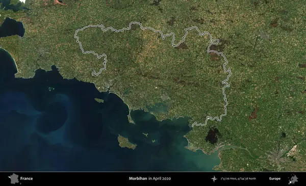 Morbihan. Nisan 2020 'de çekilen Kopernik Nöbetçi karolarından oluşan bir uydu görüntüsünde Fransa' nın idari bölgesinin ana hatlarını çizdim.