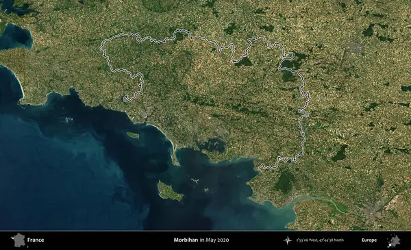 Morbihan. Mayıs 2020 'de çekilen Copernicus Sentinel karolarından oluşan bir uydu görüntüsünde Fransa' nın idari bölgesinin ana hatları belirlendi.