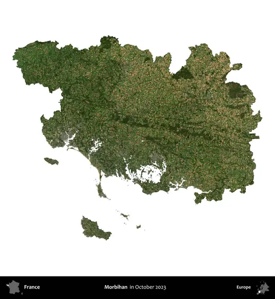 Morbihan. Fransa 'nın idari bölgesi, Ekim 2023' te çekilen Kopernik Nöbetçi karolarından oluşan bir uydu görüntüsüyle beyaza izole edildi.