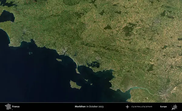 Morbihan. Copernicus Sentinel 'in Ekim 2023' te çekilmiş uydu görüntüsü üzerine Fransa 'nın idari bölgesi.