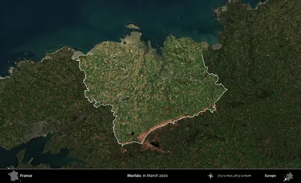Morlaix. Fransa 'nın idari alanı, Mart 2020' de çekilen Kopernik Nöbetçi karolarından oluşan koyu renkli bir uydu görüntüsü üzerinde vurgulandı ve özetlendi.