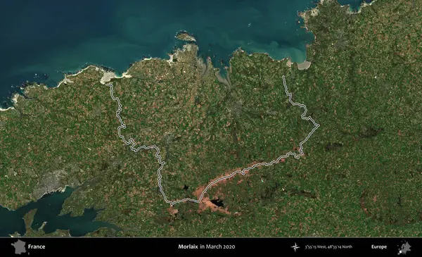 Morlaix. Mart 2020 'de çekilen Copernicus Sentinel karolarından oluşan bir uydu görüntüsünde Fransa' nın idari bölgesinin ana hatları belirlendi.