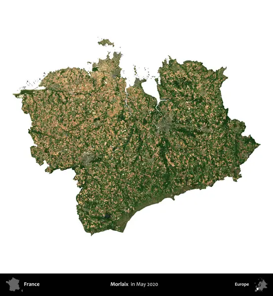 Morlaix. Fransa 'nın idari bölgesi, Mayıs 2020' de çekilen Kopernik Nöbetçi karolarından oluşan bir uydu görüntüsüyle beyaza izole edildi.