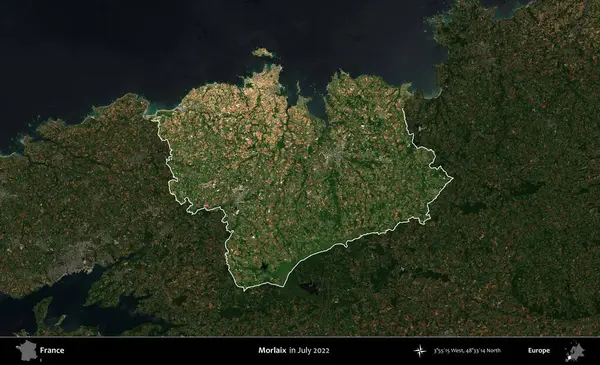 Morlaix. Fransa 'nın idari alanı, Temmuz 2022' de çekilen Kopernik Nöbetçi karolarından oluşan koyu renkli bir uydu görüntüsüyle vurgulandı ve özetlendi.