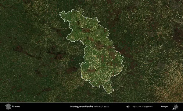 Mortagne-au-Perche. Fransa 'nın idari alanı, Mart 2020' de çekilen Kopernik Nöbetçi karolarından oluşan koyu renkli bir uydu görüntüsü üzerinde vurgulandı ve özetlendi.