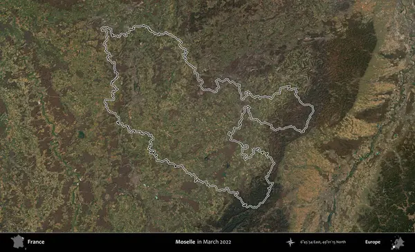 Moselle. Mart 2022 'de çekilen Copernicus Sentinel karolarından oluşan bir uydu görüntüsünde Fransa' nın idari bölgesinin ana hatları belirlendi.