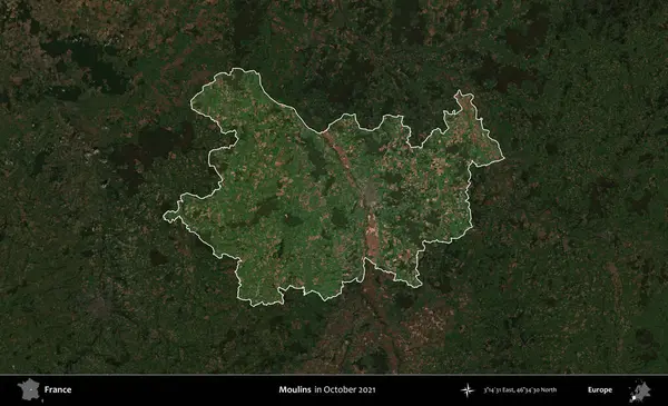 Moulin 'ler. Fransa 'nın idari alanı, Ekim 2021' de çekilen Kopernik Nöbetçi karolarından oluşan koyu renkli bir uydu görüntüsü üzerinde vurgulandı ve özetlendi.