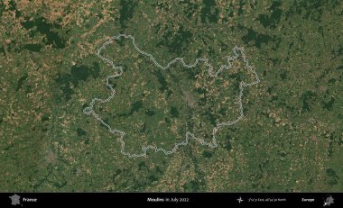 Moulin 'ler. Copernicus Sentinel 'in Temmuz 2022' de çekilen uydu görüntüsünde Fransa 'nın idari bölgesinin ana hatları belirlendi.