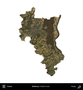 Mulhouse. Fransa 'nın idari bölgesi, Mart 2020' de çekilen Kopernik Nöbetçi karolarından oluşan bir uydu görüntüsüyle beyaza izole edildi.