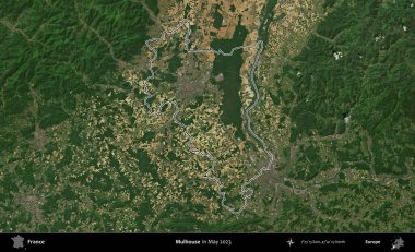 Mulhouse. Mayıs 2023 'te çekilen Copernicus Sentinel karolarından oluşan bir uydu görüntüsünde Fransa' nın idari bölgesinin ana hatları belirlendi.